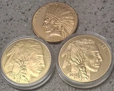 3 Coins: 1907 2012 & 2021 INDIAN HEAD f & BUFFALO b Gold Plated US COPY Coin Lot