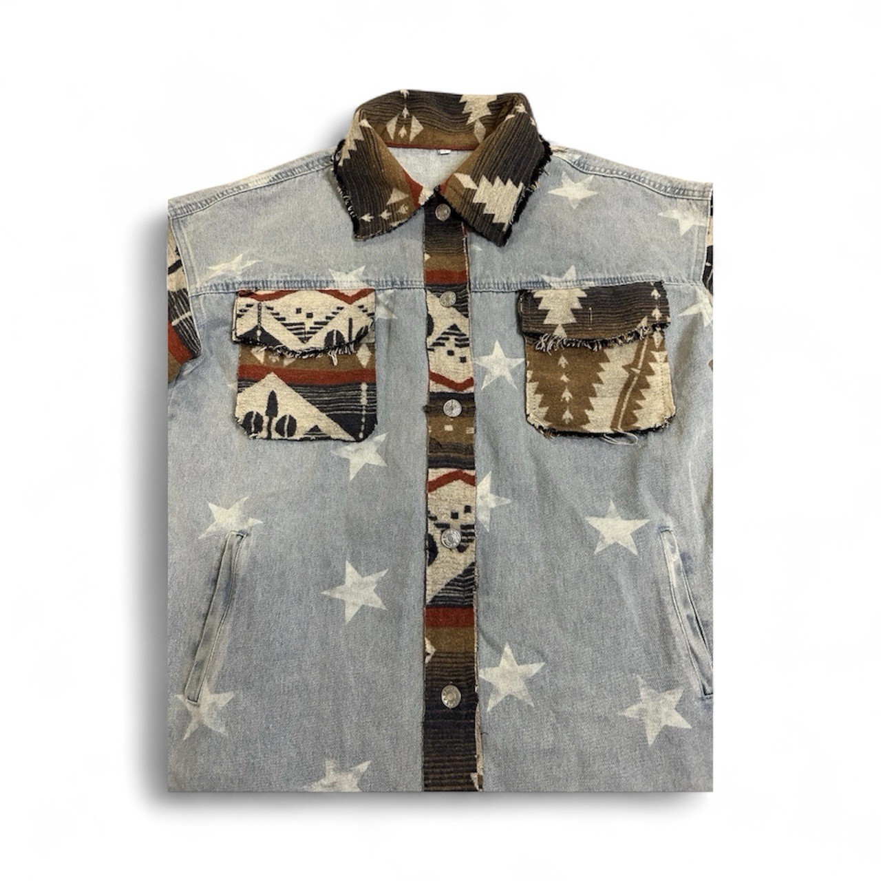 Denim Shacket S Star Print Raw Hem Aztec Southwes… - image 3