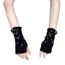  Rave Punk Short Gloves Women Goth Fingerless Y2k Fashion Half Finger Black