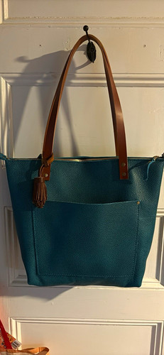Portland Leather Goods Teal Pebbled Zip Tote Brown Shoulder Straps Tassel