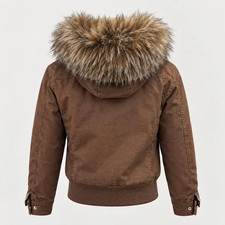 Women's winter parka with hood and brown faux fur trim, fleece lining.