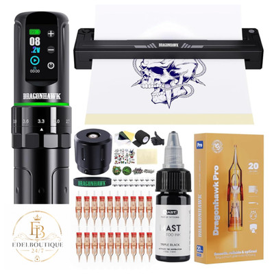 Dragonhawk L3 Tattoo Maschine Set, Kabellose Tätowiermaschine 2000mAh, 20 Nadeln