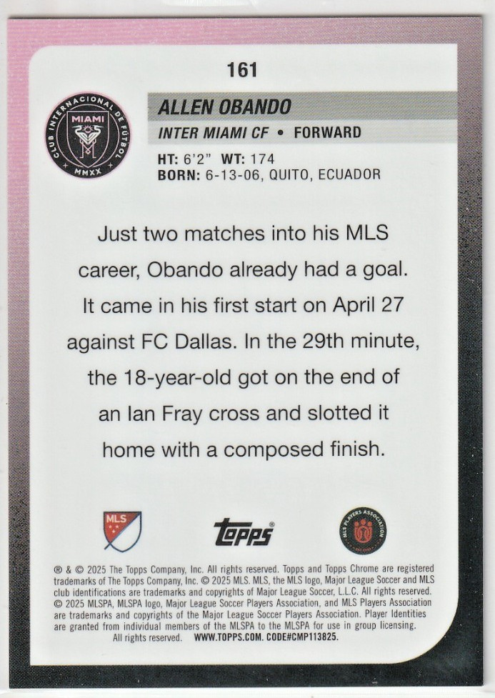 2025 Topps Chrome MLS Sapphire - Allen Obando #161 Gold Refractor RC /50 view 2