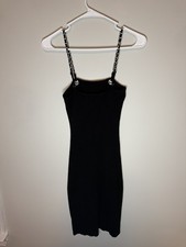 Whimsy Goth black ribbed dress silver chain straps like Y2K Gothic Harajuku M