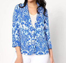 GRAVER Susan Graver Printed LK Fusion Shawl Collar Blazer Jacket Blue White L