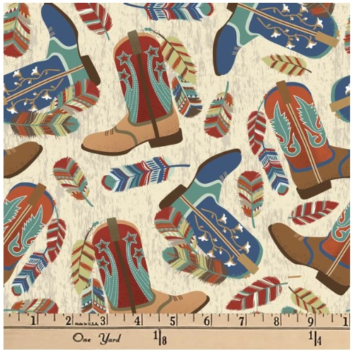 Ткань для лоскутного одеяла David Tex 1 ярд предварительно нарезанная - САПОГИ ПЕРЬЯ с белыми принтами 100% хлопок - Изображение 2 из 2