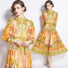 Retro Chiffon Stand Collar Balloon Sleeve Printed Floral Womens Dress Long Skirt