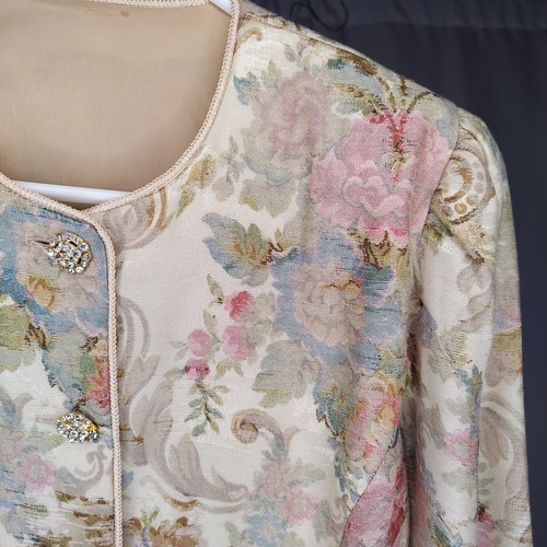 Miss Elliette Vtg 60s Damask Floral Skirt Suit 12 Gold Multicolor Jewel Button - Picture 4 of 23