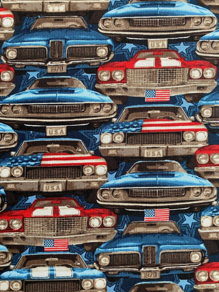 CLASSIC MUSCLE CARS CAR PARTS USA PACKED RED WHITE BLUE COTTON