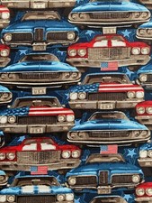 CLASSIC MUSCLE CARS CAR PARTS USA PACKED RED WHITE BLUE COTTON FABRIC FQ