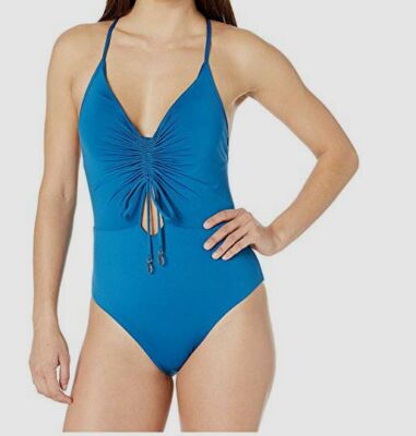 New $296 Soluna Women Blue Cinch-Tie Keyhole Strappy One-Piece Swimsuit Size M