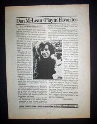 Don McLean Playin' Favorites 1973 Poster Type Ad, Promo Advert