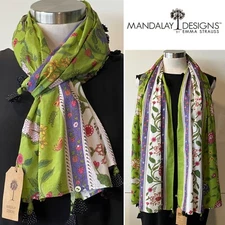 MANDALAY DESIGNS NWT $62 Maghul Print Multi Green/Purple Cotton Scarf 50x166cm