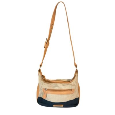 Stone Mountain USA Canvas Spectator 2 Zip Hobo with Leather Trim Blue Tan Purse