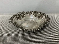 Antique Sterling Silver Signed Repousse Dish w/ Roses & Sun Flower / Daisy Dec.