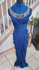NWT ADRIANNA PAPELL Blue Beaded Mesh Round Neck Draped Long Dress w/ Train Sz 6