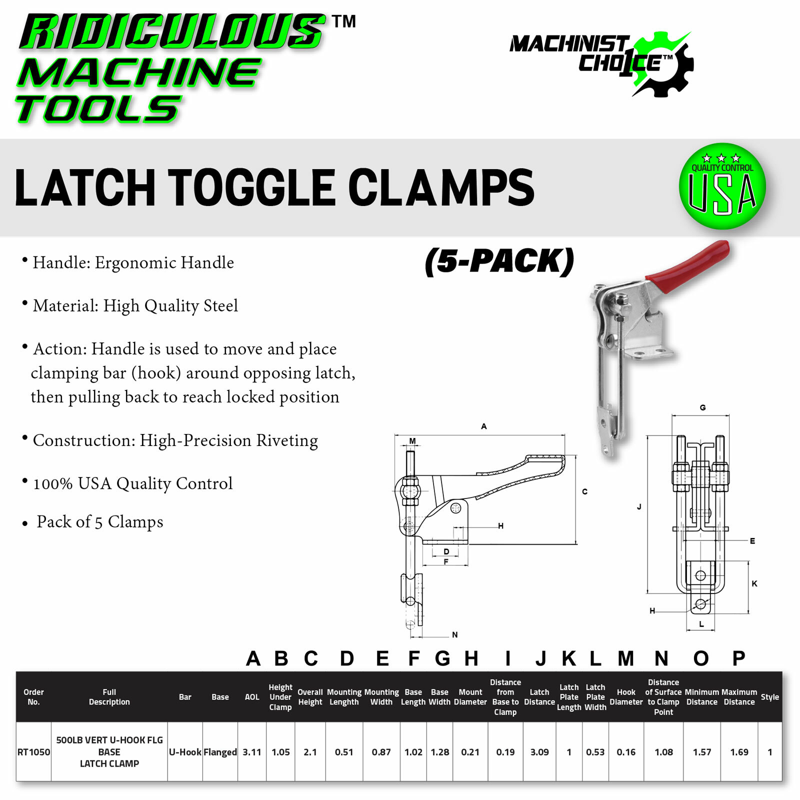 500LB Heavy-Duty Carbon Steel U-Hook Flange Base Latch Clamp - 5 Pack