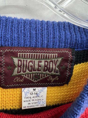vtg 80s 90s BUGLE BOY sweater M 12 - 14 embroidered patch spell out Striped - Picture 10 of 10