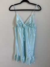 Victoria  s Secret Angels Blue Ruffle Bow Satin Mini Slip Dress Size L