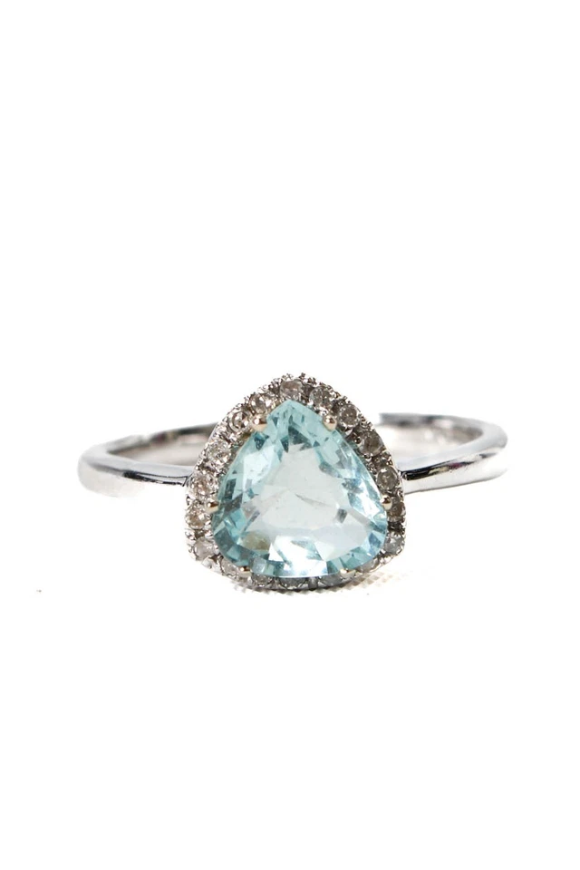 Anillo de diseño para mujer de oro blanco de 14 quilates aguamarina con halo de billones de diamantes talla 7 2,9 g Foto 2 de 4