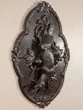 Antique Black Forest Walnut Wood Wall Plaque Hunting Trophy Theme Deer & Bird