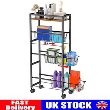 Slim Storage Trolley 4 Tier Rolling Cart on Wheels Black with 3 Pull-Out Baskets