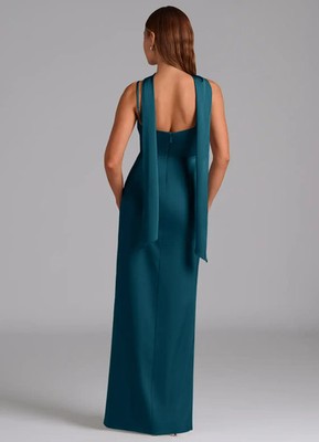 ink blue satin dress Ink Blue A Line V-Neck Satin Long Bridesmaid Dress with Slit