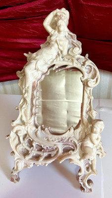 Incolay Stone Mirror With Woman and Cupid Relief Sculptures Stand