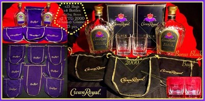 23 pcs CROWN ROYAL bundle-2 VTG 2000 Whiskey Glasses-15 Bags-4 Bottles-2 Box set