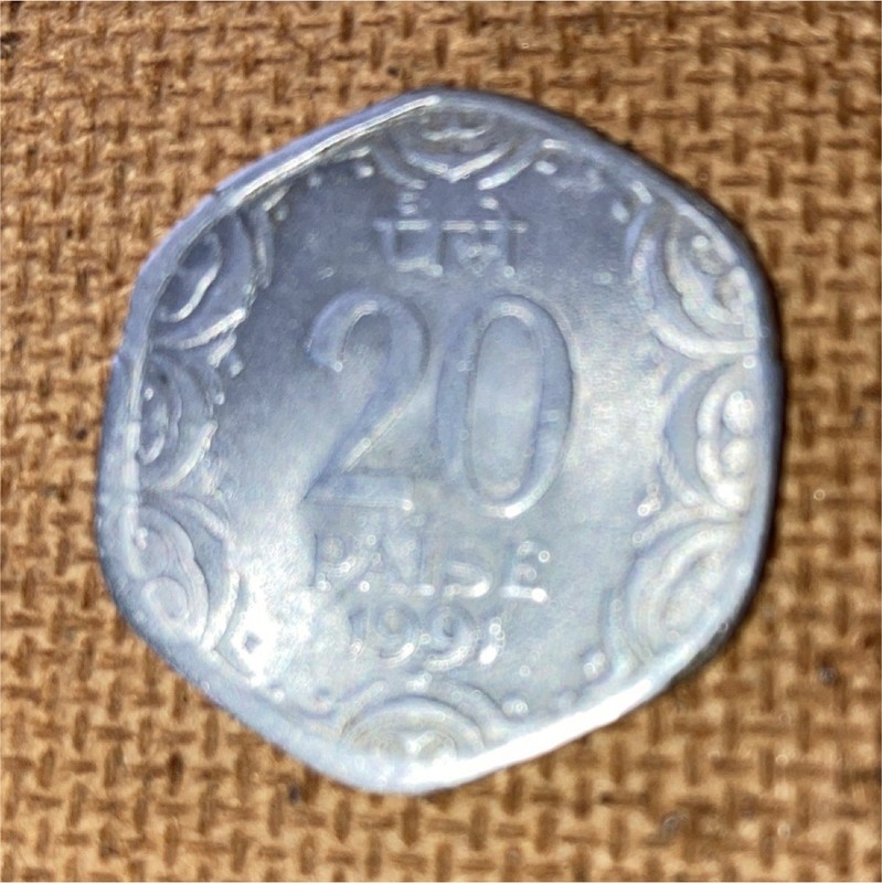 India 20 Paise 1991 Aluminum Coin Republic Lion Capital Hindi Script Circulated