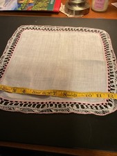 Vintage 13" Ladies white cotton handkerchief with pink and white crochet edge
