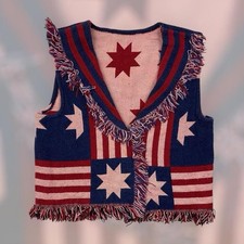 VTG 90s American Flag Stars Stripes Fringe Blanket Vest Adult XL Red White Blue
