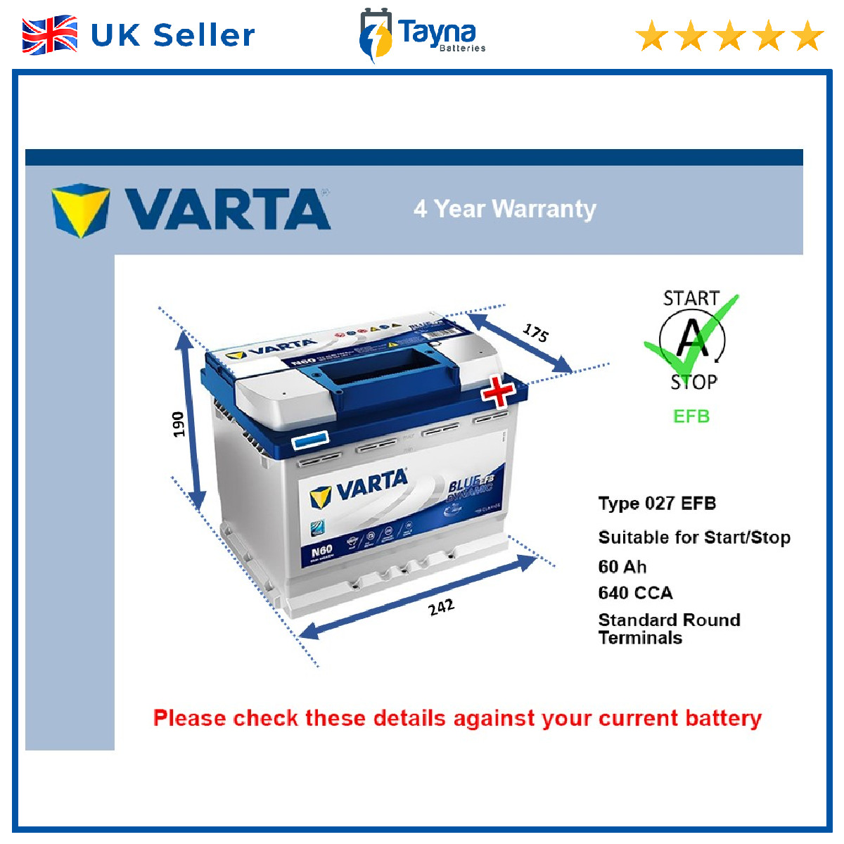 EFB Battery fits JAGUAR XJ12 XJ6 XJ SOVEREIGN Stop Start Varta 027 EFB