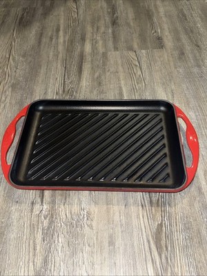 Le Creuset Rectangular Enameled Cast Iron Skinny Smooth Griddle Grill Pan 22 Red