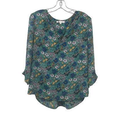 DR2 Womens Floral Pullover Top V-Neck 3/4 Sleeve Green/Multi Size Medium