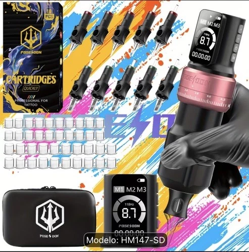 Poseidon HM147-SD Wireless Tattoo Pen Adjustable Stroke LED, Case+Cartridges - product listing photo