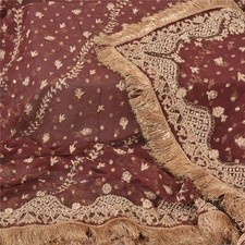 Sanskriti Vintage India Dupatta Net Mesh Dark Red Hand Beaded Zardozi Stole