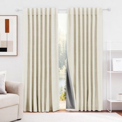 HESTIA Cream Linen Blackout Curtains for Bedroom 120 inch Length Energy Savin...