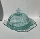 Vintage MADRID Federal Depression Glass Covered Butter Cheese AQUA Green