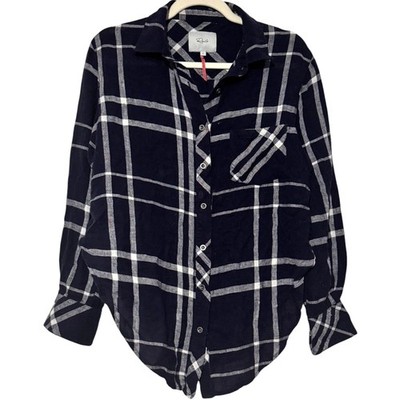 Rails Charli Navy Vanilla Plaid Flannel Shirt Linen Blend Button Down Size S
