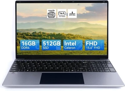 Laptop Computer Geviar 15.6 Inch 16GB DDR4 512GB SSD Intel Celeron Quad-Core