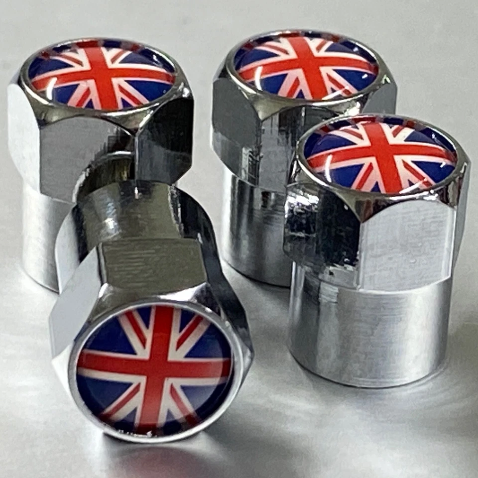 Tapas de vástago de válvula de rueda bandera británica Mini Cooper MG Lotus Land Rover metal cromado Foto 2 de 4