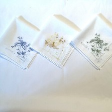 Vintage Hankies Lot of 3 Butterflies Flowers Soft Linen Pulled Thread Embroidery