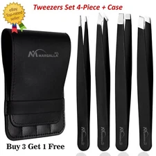 Professional Tweezers Set of 4-Piece Stainless Eyebrow Hair Pluckers + Case