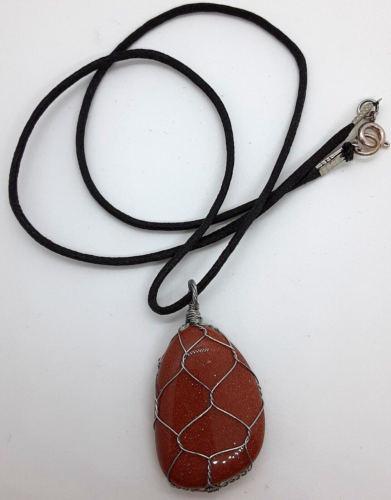 GOLDSTONE 22 X 32mm WIRE WRAPPED PENDANT 20" BLACK CORD NECKLACE - Picture 3 of 3