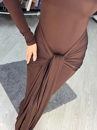 Long Sleeves Knot Sarong Maxi Slinky Jersey Dress - Picture 20 of 27