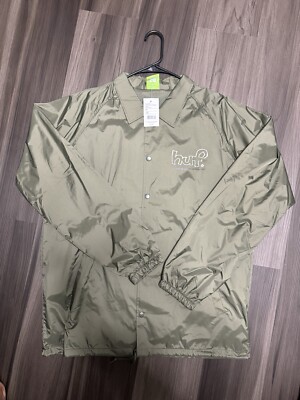 HUF Men's XL Olive Windbreaker Button Down Coaches Jacket