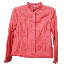 Chico's Cotton/Linen Orange Floral Embroidered Mandarin Collar Fringe Jacket Med