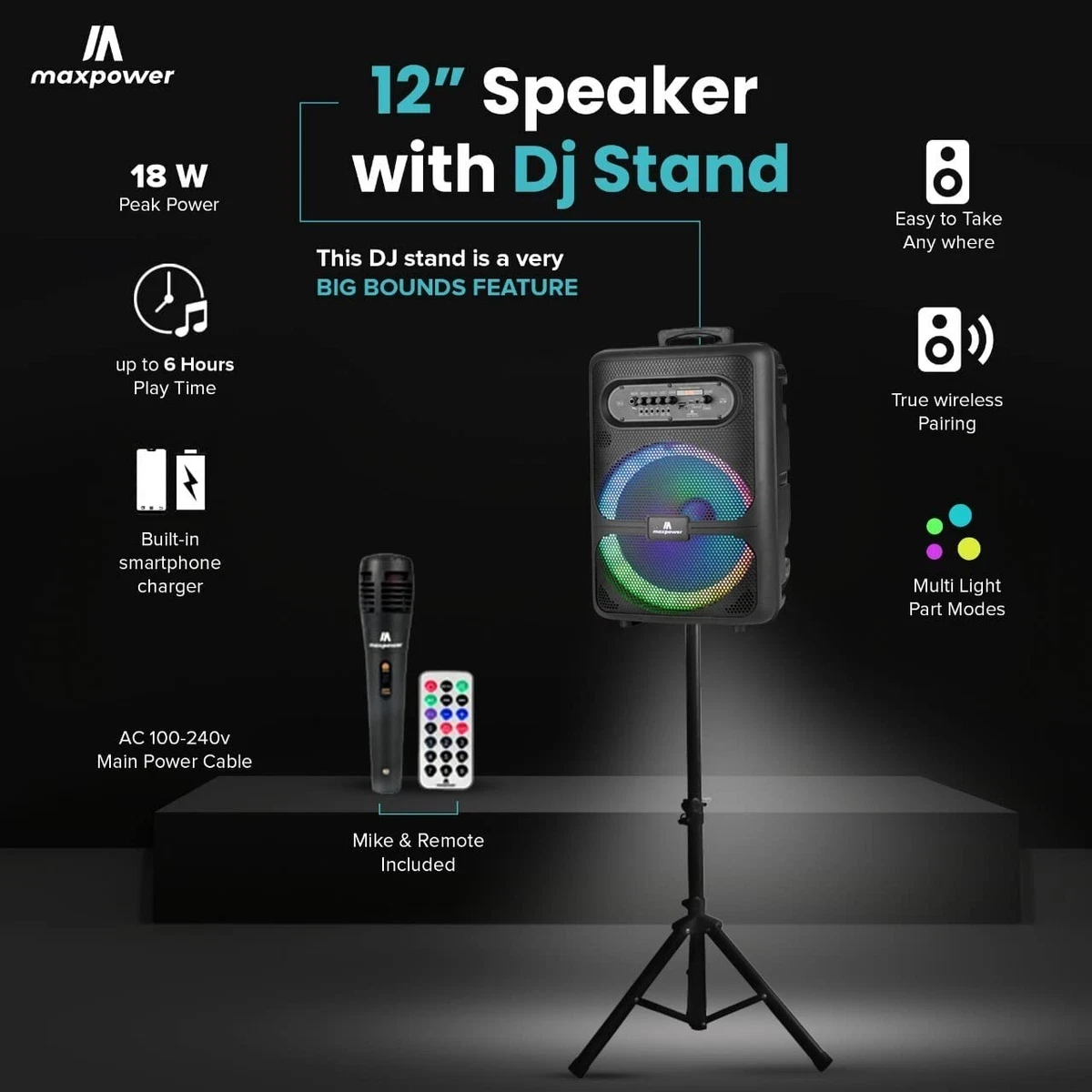 MPD1223 ROAR MaxPower portable bluetooth speaker with DJ stand
