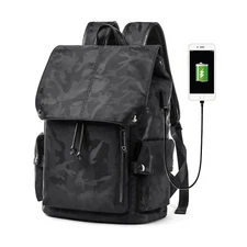 Water resistant, laptop compatible, drawstring backpack with USB charging port